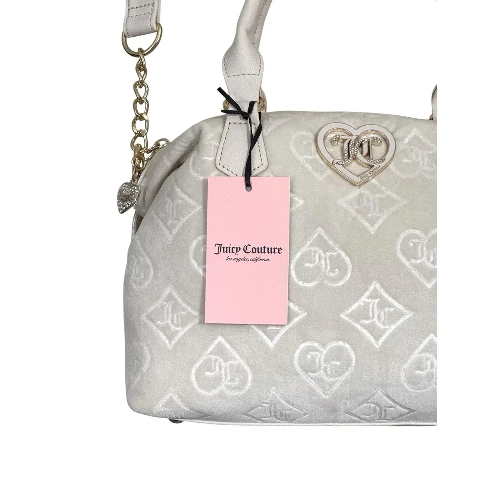 Juicy Couture Glizted Out Ivory Crystal Velour Velvet Satchel Shoulder Bag‎